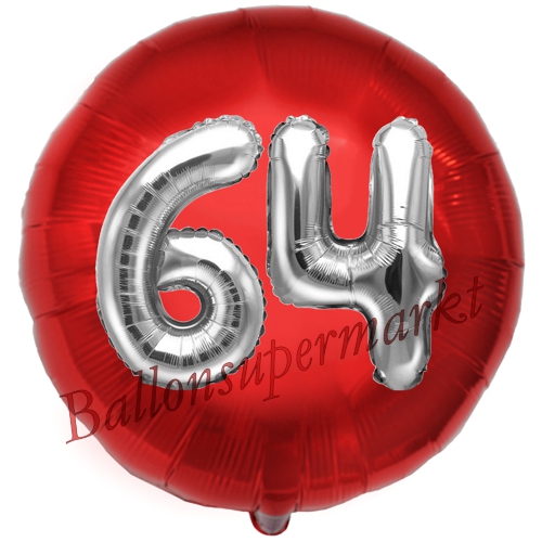 Folienballon-Rund-Jumbo-3D-64.-Geburtstag-Rot-Silber-Zahl-64-Luftballon-Geschenk