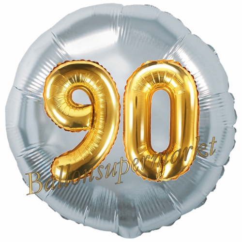 Folienballon-Rund-Jumbo-3D-90.-Geburtstag-Silber-Gold-Zahl-90-Luftballon-Geschenk