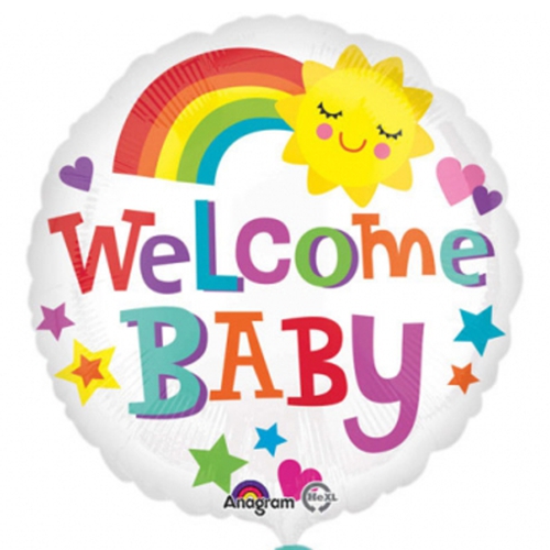 Folienballon-Welcome-Baby-rund-Regenbogen-und-Sonne-Luftballon-zur-Geburt-Babyparty-Taufe