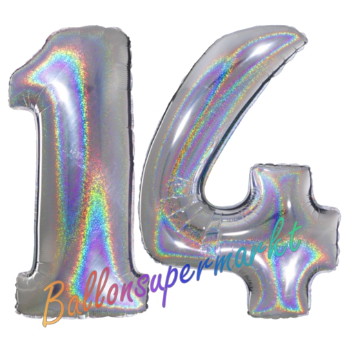 Folienballons-Zahlen-14-holografisch-Silber-Luftballons-Geschenk-14.-Geburtstag-Jubilaeum-Firmenveranstaltung