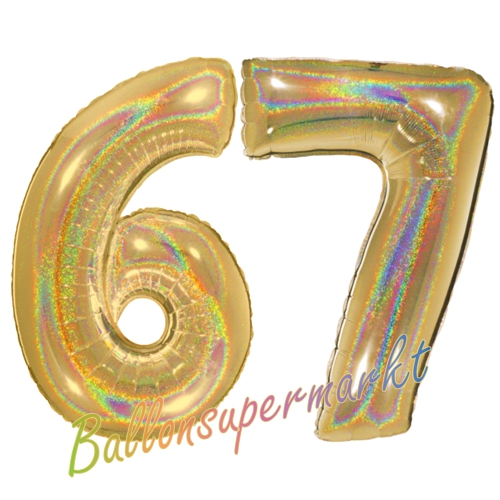 Folienballons-Zahlen-67-holografisch-Gold-Luftballons-Geschenk-67.-Geburtstag-Jubilaeum-Firmenveranstaltung