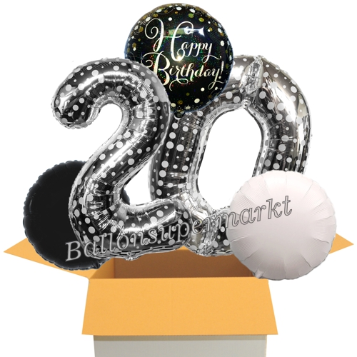 Folienballons-im-Karton-Happy-Birthday-Silber-Punkte-Sparkling-Celebration-2-Zahlen-20-2-Rundballons-schwarz-weiss-Dekoration-20.-Geburtstag