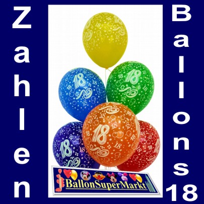 Zahlenballons Zahl 18 zum 18. Geburtstag, Latexballons