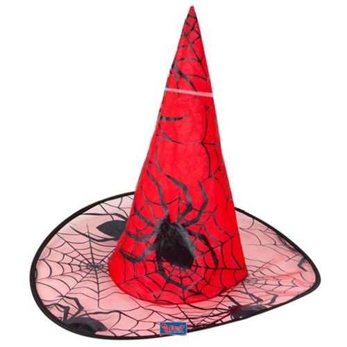 Halloween-Hexenhut-rot-mit-Spinnenweben-Party-Accessoire-Kostuemierung-Verkleidung-Karneval-Dekoration