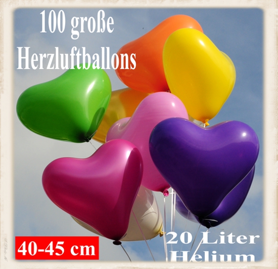 Herzluftballons Helium Set: 100 große Luftballons in Herzform, 45 cm Durchmesser, 1 Heliumgasflasche mit 20 Liter Ballongas