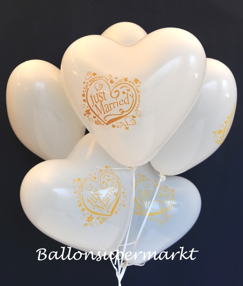 Weiße Just Married Herzluftballons mit Helium zur Hochzeitsfeier