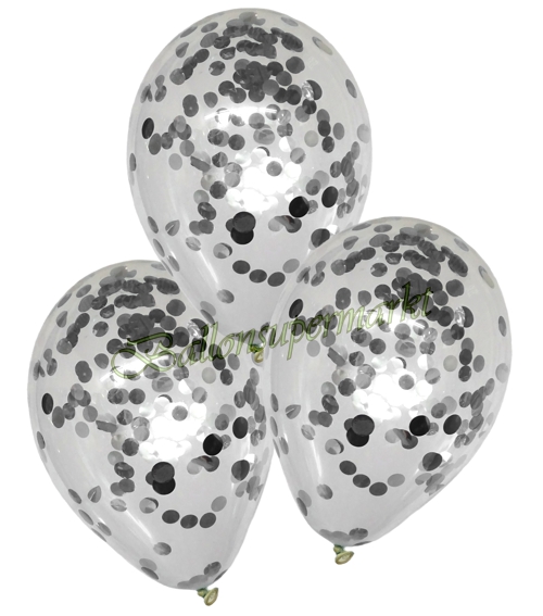 Luftballons-mit-Konfetti-Silber-25-cm-Dekoration-Party-Fest-Hochzeit-Silvester-Silberhochzeit-Luftfuellung