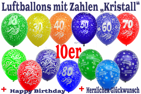 Luftballons mit Zahlen, Kristallfarben, Kombination mit Luftballons Happy Birthday und Luftballons Herzlichen Glückwunsch