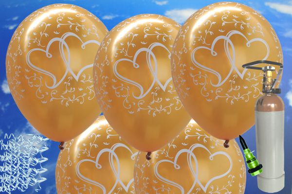 Luftballons zur Hochzeit steigen lassen, 50 Latex-Luftballons verliebte Herzen in Gold mit 5 Liter Heliumflasche