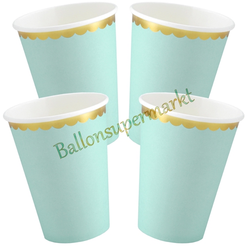 Partybecher-Hellblau-mit-Goldrand-Partydekoration-Geburtstag-Babyparty-Tischdekoration-Pappbecher