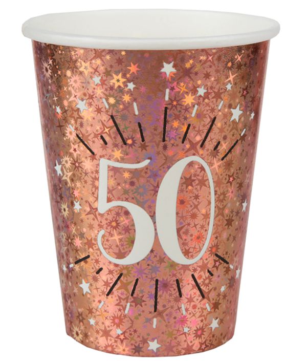 Partybecher-rosegold-sparkling-Zahl-50-Partydekoration-zum-50.-Geburtstag-Tischdeko