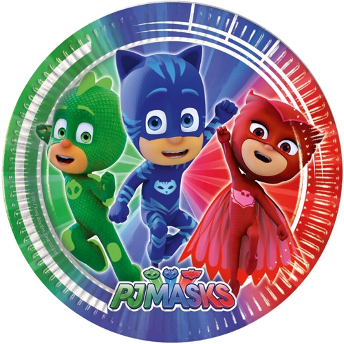 Partyteller-PJ-Masks-Partydekoration-Kindergeburtstag-Pyjamahelden-Tischdeko-Eulette-Gecko-Catboy