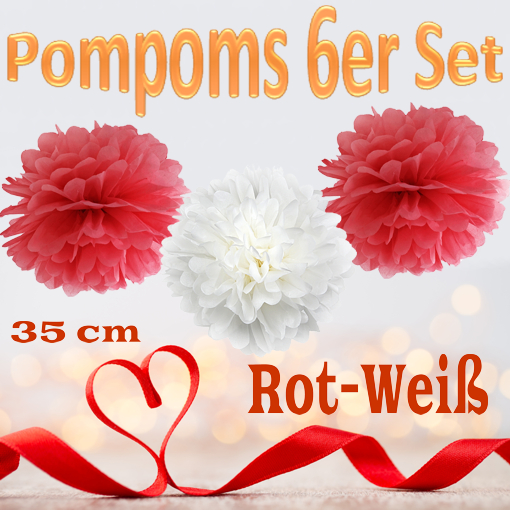 Pompoms-Rot-Weiss-35-cm-6er-Set
