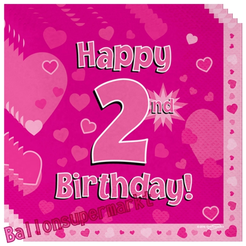 Servietten-Happy-2nd-Birthday-Pink-Partydeko-Tischdekoration-zum-2-Geburtstag-Maedchen