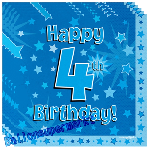 Servietten-Happy-4th-Birthday-Blau-Partydeko-Tischdekoration-zum-4-Geburtstag-Junge