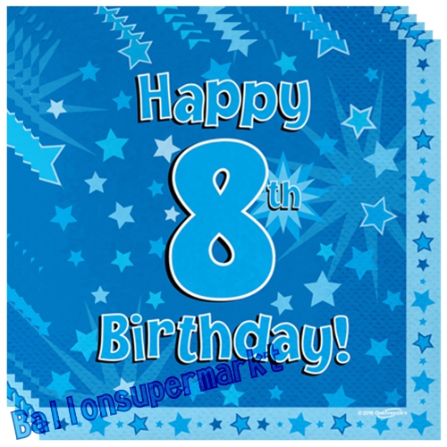 Servietten-Happy-8th-Birthday-Blau-Partydeko-Tischdekoration-zum-8-Geburtstag-Junge