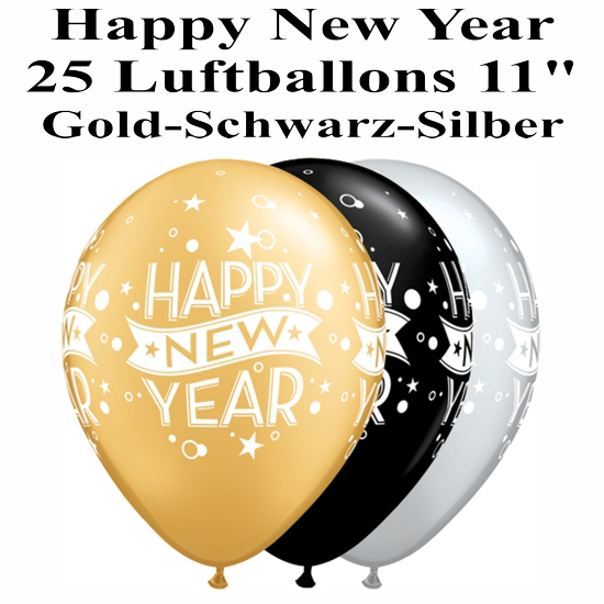 Silvester-Partydekoration-Luftballons-Happy-New-Year-Gold-Silber-Schwarz-25-Stueck