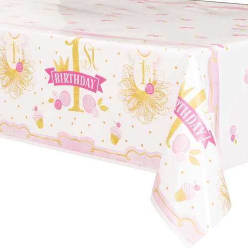 Tischdecke-1st-Birthday-Pink-and-Gold-Partydeko-Tischdekoration-1-Geburtstag-Maedchen