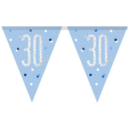 Wimpelkette-Blue-and-Silver-Glitz-30-holografisch-Dekoration-zum-30.-Geburtstag