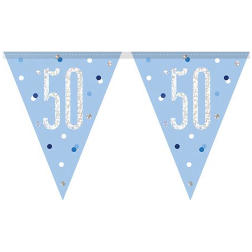 Wimpelkette-Blue-and-Silver-Glitz-50-holografisch-Dekoration-zum-50.-Geburtstag