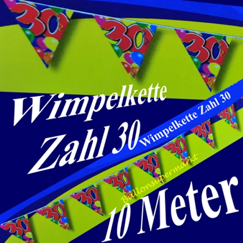 30. Geburtstag Dekoration, Wimpelkette mit der Zahl 30