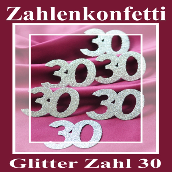 Zahlenkonfetti Zahl 30, Silber-Glitter