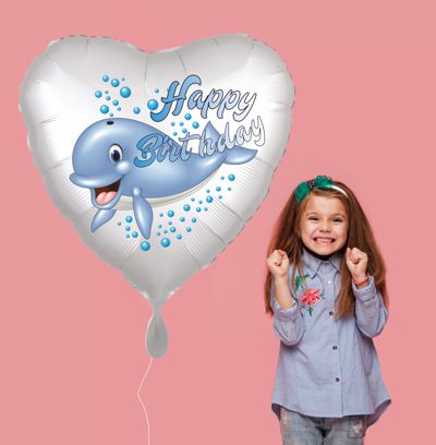Ballongruß zum Kindergeburtstag: Happy Birthday Wal, großer Herzluftballon aus Folie mit Helium