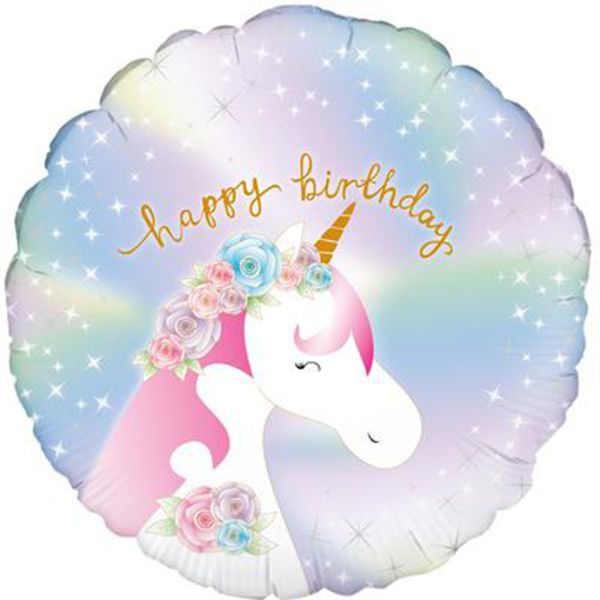 Folienballon-Einhorn-Happy-Birthday-holografisch-rund-Luftballon-Geschenk-zum-Geburtstag-Partydekoration-Unicorn