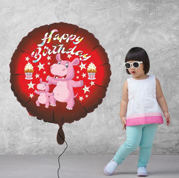 Ballongruss: Großer Luftballon aus Folie mit Happy Birthday Nilpferd