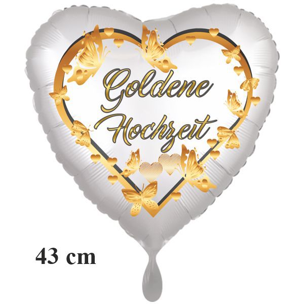 Folienballon ohne Helium: Golden Hochzeit mit Herz und goldenen Schmetterlingen