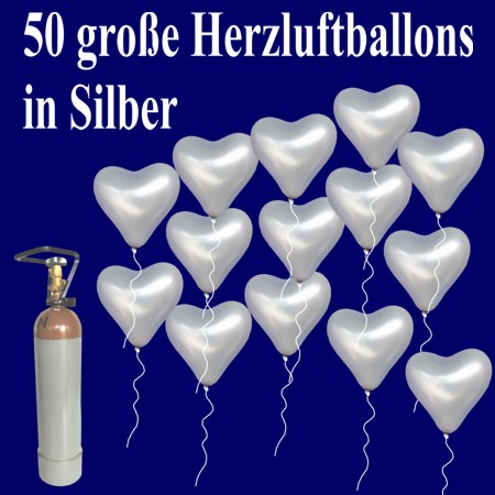 50 große Herzluftballons in Silber mit Heliumflasche, Ballons Helium Set