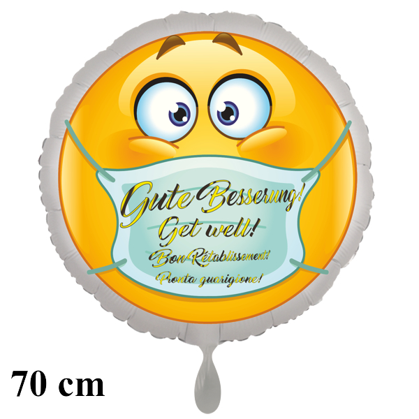 Gute Besserung Smiley mit Mundschutz Luftballon, 70 cm ohne Helium