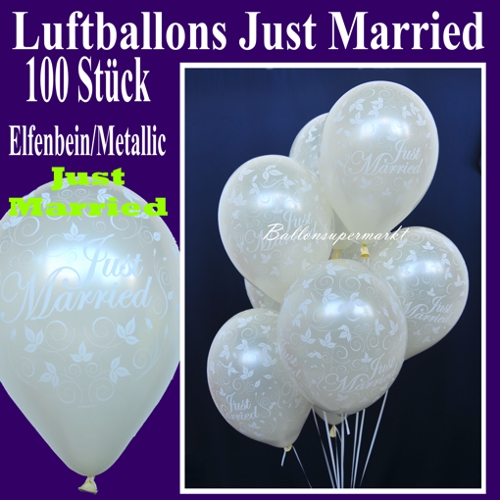 Hochzeit-Luftballons, 100 Latexballons elfenbein-metallic, Just Married, Frisch verheiratet