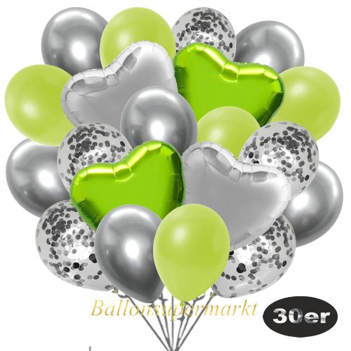 Partydeko Luftballon Set 30er, konfetti-luftballons-30-stueck-silber-konfetti-und-metallic-apfelgruen-chrome-silber-30-cm-folienballons-silber-und-limonengruen-45-cm
