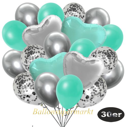 Partydeko Luftballon Set 30er, konfetti-luftballons-30-stueck-silber-konfetti-und-metallic-aquamarin-chrome-silber-30-cm-folienballons-silber-und-tuerkis-45-cm