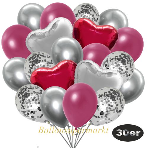 Partydeko Luftballon Set 30er, konfetti-luftballons-30-stueck-silber-konfetti-und-metallic-burgund-chrome-silber-30-cm-folienballons-silber-und-burgund-45-cm