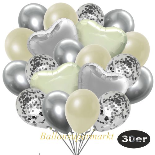 Partydeko Luftballon Set 30er, konfetti-luftballons-30-stueck-silber-konfetti-und-metallic-elfenbein-chrome-silber-30-cm-folienballons-silber-und-elfenbein-45-cm