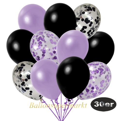 Partydeko Luftballon Set 30er, konfetti-luftballons-30-stueck-schwarz-konfetti-flieder-konfetti-und-metallic-lila-metallic-schwarz-30-cm