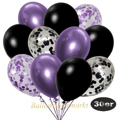 Partydeko Luftballon Set 30er, konfetti-luftballons-30-stueck-flieder-konfetti-schwarz-konfetti-und-metallic-schwarz-chrome-lila-30-cm