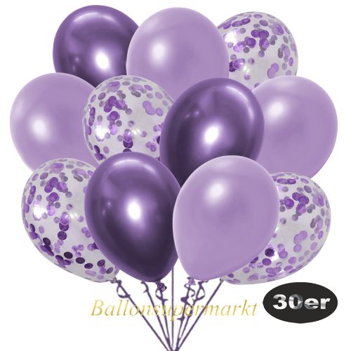 Partydeko Luftballon Set 30er, konfetti-luftballons-30-stueck-flieder-konfetti-und-metallic-lila-chrome-lila-30-cm