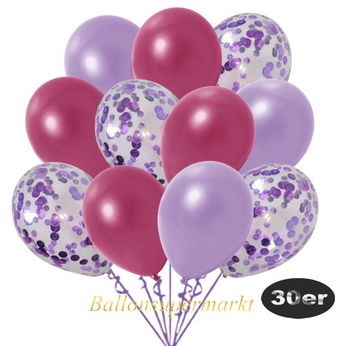 Partydeko Luftballon Set 30er, konfetti-luftballons-30-stueck-flieder-konfetti-und-metallic-lila-metallic-burgund-30-cm