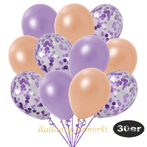 Partydeko Luftballon Set 30er, konfetti-luftballons-30-stueck-flieder-konfetti-und-metallic-lila-metallic-lachs-30-cm