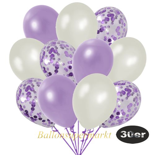 Partydeko Luftballon Set 30er, konfetti-luftballons-30-stueck-flieder-konfetti-und-metallic-lila-metallic-perlmutt-30-cm