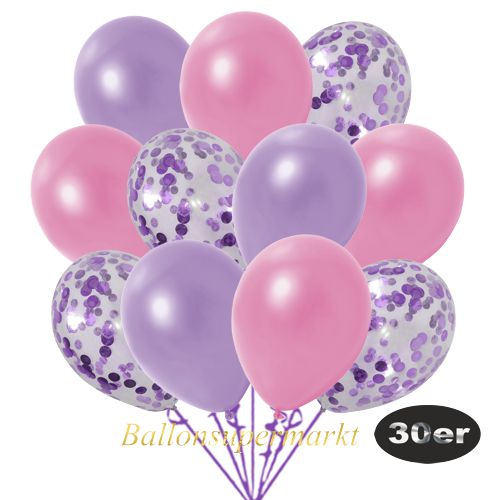 Partydeko Luftballon Set 30er, konfetti-luftballons-30-stueck-flieder-konfetti-und-metallic-lila-metallic-rose-30-cm