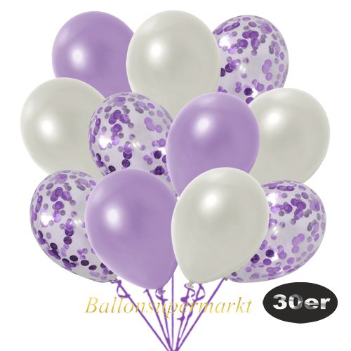 Partydeko Luftballon Set 30er, konfetti-luftballons-30-stueck-flieder-konfetti-und-metallic-lila-metallic-weiss-30-cm