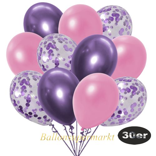 Partydeko Luftballon Set 30er, konfetti-luftballons-30-stueck-flieder-konfetti-und-metallic-rose-chrome-lila-30-cm
