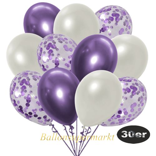 Partydeko Luftballon Set 30er, konfetti-luftballons-30-stueck-flieder-konfetti-und-metallic-weiss-chrome-lila-30-cm