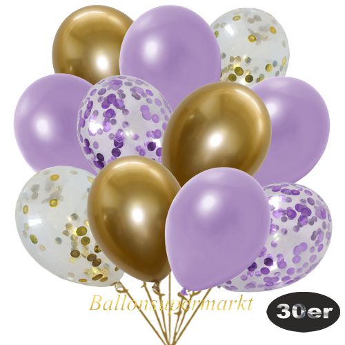 Partydeko Luftballon Set 30er, konfetti-luftballons-30-stueck-gold-konfetti-flieder-konfetti-und-metallic-lila-chrome-gold-30-cm