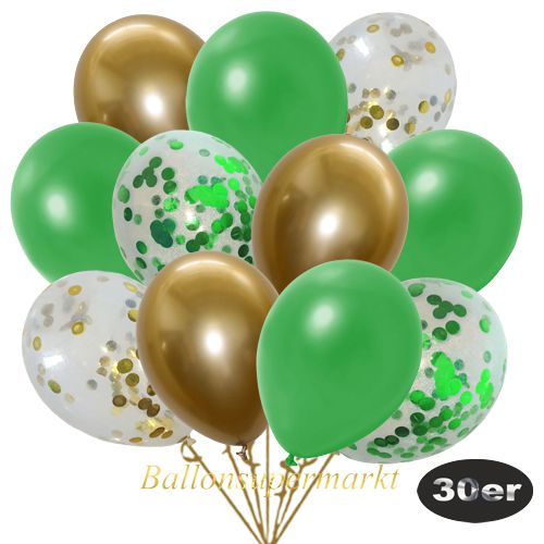 Partydeko Luftballon Set 30er, konfetti-luftballons-30-stueck-gold-konfetti-gruen-konfetti-und-metallic-gruen-chrome-gold-30-cm