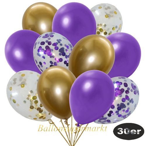 Partydeko Luftballon Set 30er, konfetti-luftballons-30-stueck-lila-konfetti-gold-konfetti-und-metallic-violett-chrome-gold-30-cm